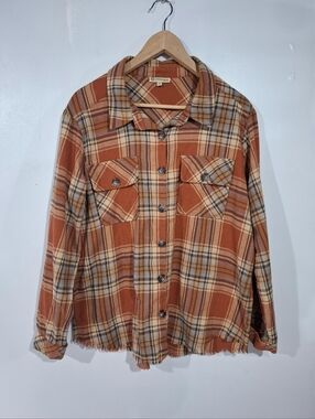 Democracy Womens Shirt Jacket Burnt Orange Plaid Flannel Raw Hem Pockets Sz M